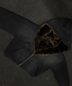 Sweat à capuche pour homme avec logo personnalisé, vêtements d'hiver, effet délavé, 550 GSM, 100 % coton, doublure en fourrure, fermeture éclair - Product Image 3