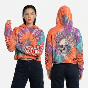Crop <b>Top</b> 350GSM <b>Peach</b> Tie Dye Hoodie Women Custom Wave Skull Graphic Sun Print Raw Edge Short Sweatshirt Summer Beachwear - Product Image 4