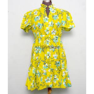 Robe Courte Femme 100% Coton Tricotée Col V Manches Courtes Coupe Trapèze Imprimé Floral Numérique Lavable Respirante Idéale Bureau - Product Image 2