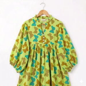 Robe midi vintage en coton jaune à imprimé floral papillon, avec manches bouffantes, coupe ample, col en V, robe d'été décontractée - Product Image 2
