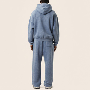 Men Winter Acid Wash Fleece Tracksuit Full <b>Zip</b> <b>Hooded</b> Jogger Set Regular Fit Cotton Solid Color Casual Wear Custom Logo Front - Product Image 2