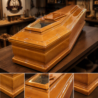 Cercueil en bois laqué brillant de luxe avec fenêtre de visualisation, surface lisse en acajou, fournisseur en gros pour exportation mortuaire