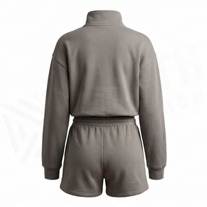 <b>Women's</b> 2 Piece Fleece Sweatshirt and <b>Shorts</b> Set Stand Collar Zipper Loose Fit Casual Solid Color Above <b>Knee</b> <b>Length</b> Daily Wear - Product Image 2