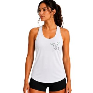 Camiseta sin mangas Racerback blanca para mujer con estampado minimalista de arte lineal, ideal para gimnasio, yoga, fitness y entrenamiento, con tecnología de absorción de humedad. - Product Image 1