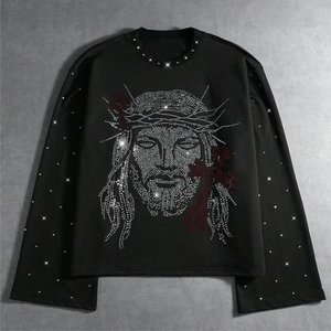 Camisetas de Hombre con Pedrería Extra Grande, Fabricadas a Medida, 250 Gramos, Mangas Largas, Transpirables, Color Negro - Product Image 1