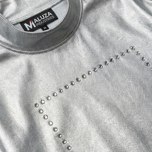 เสื้อยืดผู้ชายประดับเพชรเทียมสุดหรู สีเงินเมทัลลิก สไตล์สตรีทแวร์ ดีไซน์ดาวระยิบระยับ ทรงโอเวอร์ไซส์ แฟชั่นทันสมัย - Product Image 2