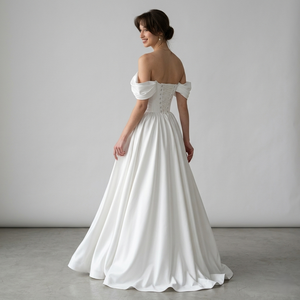 Custom Women V-neck Corset Wedding Dress <b>White</b> A-Line Bridal Gown Floor Length Satin with Lace-Up Back and Pockets Modern - Product Image 3