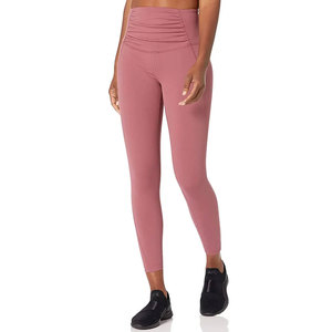 High Waist Ruched Yoga <b>Leggings</b> Full Length Solid Pink Spandex Nylon Tummy Control Shapewear Seamless Elastic Waist Pants - Product Image 1
