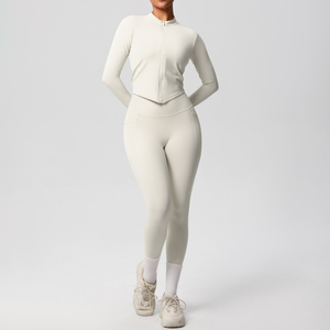 "Wholesale Women's Yoga Set Quick Dry Long Sleeve Zipper Top and <b>Leggings</b> <b>with</b> <b>Pockets</b> Gym Fitness Activewear OEM ODM" - Product Image 5