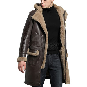 <b>Men's</b> <b>Long</b> Genuine Leather Motorcycle <b>Jacket</b> Sherpa Lining Windproof Casual Autumn Coat Dark Brown Turn-down Collar Single - Product Image 1