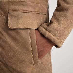 <b>Men's</b> Brown <b>Suede</b> Hooded Leather <b>Jacket</b> Long Windproof Winter Coat Faux Fur Lining Zipper Closure Workwear Style - Product Image 3