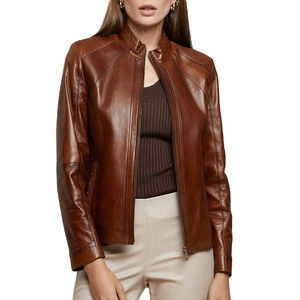 2026 Trendy Women's Genuine Cow Leather Motorcycle <b>Jacket</b> Stand Collar Full Sleeve Zipper Closure Autumn Solid Color Brown - Product Image 3