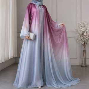 Abaya de prière islamique pour femme, en organza satiné ombré, col en V, manches longues, longueur ras du sol, légère, coupe ample, modeste, avec broderie de pierres - Product Image 2