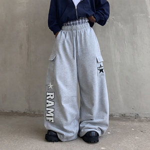 กางเกงวิ่งผู้ชายทรงหลวม ขากว้าง ผ้าฝ้ายวินเทจ เอวสองชั้น สไตล์แบ็กกี้ - Product Image 1