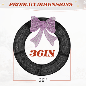 36in Pre-Lit Outdoor Christmas Wreath with Purple Bow Remote Control LED <b>Lights</b> <b>Timer</b> Lighted Metal Wreath Decoration - Product Image 2