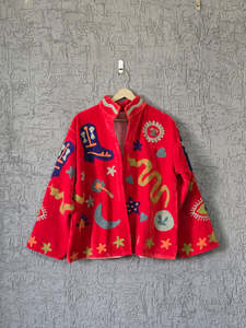 Women's Free Size Red Suzani Embroidered <b>Jacket</b> Snake Heart <b>Star</b> Pattern Stand Collar Full Sleeve Factory Wholesale Outerwear - Product Image 1
