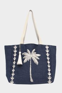 Navy Embroidered Palm <b>Tree</b> Tote <b>Bag</b> With Tassel Bohemian Beach Style Summer Canvas tote - Product Image 1