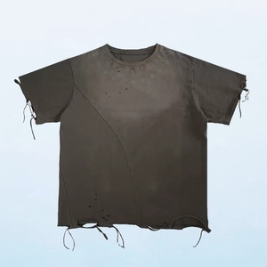 T-shirt en maille gris oversize pour homme, manches courtes, col rond, style urbain, couleur unie, délavé à l'acide, design vierge, longueur standard - Product Image 1
