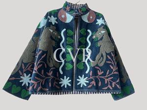 Poncho en coton brodé à la main à motif animalier, col mandarin, manches chauve-souris, grande taille, vêtement d'extérieur pour femme, style bohème, automne - Product Image 1
