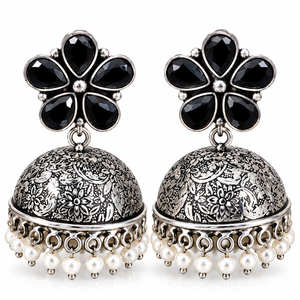 Boucles d'oreilles Jhumka indiennes noires en argent oxydé avec perles pendantes, vente en gros, directement de l'usine, fabricant OEM ODM - Product Image 3