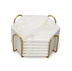 Solid White Marble Coasters for Drinks with Iron Holder Stand Set of 5 for <b>Drinking</b> <b>Glasses</b> Tabletop Protection for Table Type - Product Image 4