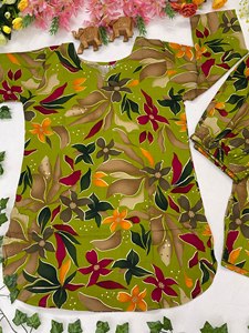 Ensemble coordonné pour femme à imprimé floral de qualité supérieure, vert olive, tunique longue en coton, pantalon large, tenue deux pièces, décontractée, été, non tissé - Product Image 2