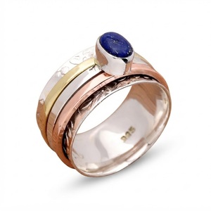 Anillo Giratorio de Plata de Ley 925 con Lapislázuli, Banda Ancha, Dos Tonos, Texturizado, para Meditación, Regalo para Mujer - Product Image 1