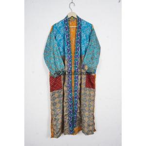 Robe longue en soie 100% faite à la main, patchwork, col en V, fermeture à cordon, manches trois-quarts, respirante, douce, pour femmes - Product Image 2