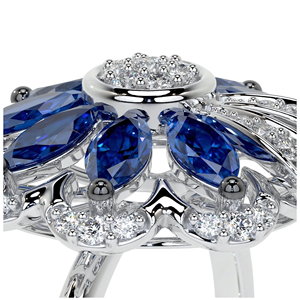 Luxury Blue Sapphire Marquise & White DiamondFlower Cocktail <b>Ring</b> Featuring Accents and <b>Plain</b> High End Polish Band in White Gold - Product Image 5