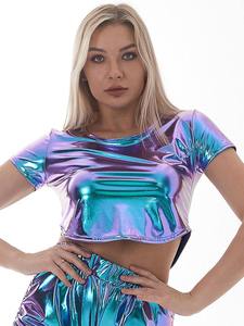 Women Girls Shiny Glitter <b>Metallic</b> T Shirt Tank <b>Tops</b> O-Neck Short Sleeve Holographic <b>Crop</b> <b>Top</b> Shirt Rave Festival Clubwear - Product Image 5