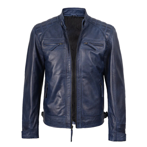<b>Men's</b> Blue Genuine <b>Leather</b> Moto <b>Jacket</b> Stand Collar Zipper Closure Slim Fit Autumn Wear Motorbike Style Biker <b>Jackets</b> - Product Image 4