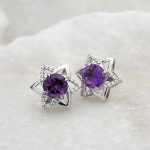 Boucles d'oreilles en améthyste avec halo de fleurs, pierre de naissance de février, en argent sterling, bijoux en pierres précieuses violettes, cadeau pour femme, boucles d'oreilles élégantes - Product Image 6