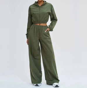 <b>Women's</b> Olive Green Hooded Crop <b>Jacket</b> Full Sleeve Zipper Front Woven Polyester Breathable Minimalist Spring Wear - Product Image 1