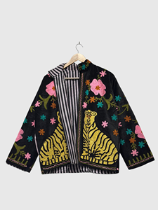 Veste en velours brodée de fleurs, col mandarin, manches chauve-souris, taille plus, style blouson pour femmes, automne - Product Image 2