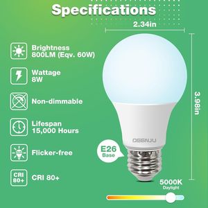 Lampadine LED 5000K Luce Diurna, Equivalenti a 60 Watt, Base A19 E26, Non Dimmerabili, Lampadine LED 8W per Camera da Letto e Soggiorno, Prodotti LED - Product Image 2