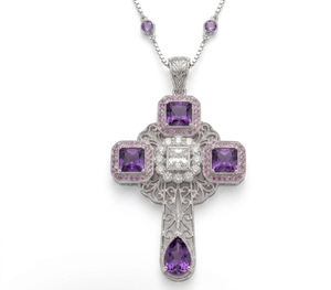 Purple Zircon Cross Pendant <b>Necklace</b> <b>Silver</b> Tone Filigree Chain Religious Jewelry for Women - Product Image 1