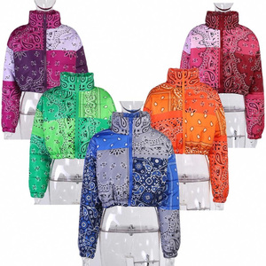 Damen Patchwork Color-Block Pufferjacke Kurze Gesteppte Winterjacke Grau Weiß Schwarz Individuelles Logo Paisley-Bedruckte Daunenjacken - Product Image 1