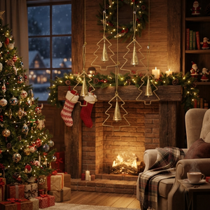 Ornements de Noël suspendus en fil métallique doré avec un motif cloche central, parfaits pour la décoration festive des arbres de Noël - Product Image 4