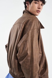 Blouson aviateur en cuir PU marron pour homme, col rabattu, fermeture éclair, coupe ample, idéal pour l'automne - Product Image 3