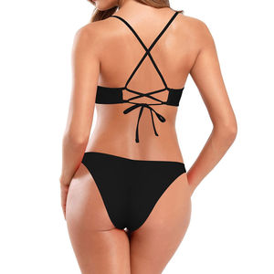 Women's Black <b>Bikini</b> <b>Set</b> Spandex/Nylon Stretch Cheeky Bottoms Solid Color Simple Style Swimwear Deep V Neck - Product Image 2