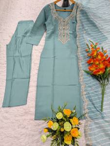Elegant Light Blue Women's <b>Kurta</b> Set Party Wear Heavy Viscose Chanderi Sequence Coding Embroidery Work Top Bottom Dupatta Set - Product Image 3