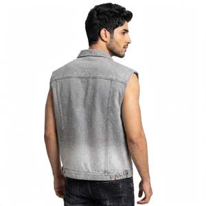Wholesale Custom Men's Light <b>Grey</b> Vintage Woven Denim <b>Vest</b> Rhinestones Starry Ombre Sleeveless Studded Glitter Jean Streetwear - Product Image 2