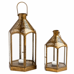 Lanterne à bougie en verre et métal doré nordique, moderne, trapézoïdale, géométrique, porte-bougie pilier, centre de table pour mariage et fête - Product Image 6