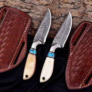 Lote de 5 cuchillos nórdicos Skinner de acero de Damasco con hoja fija, mango de hueso, espiga completa, para camping y caza, con funda de cuero OEM - Product Image 2