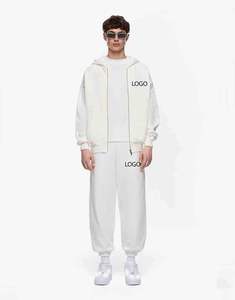Ensemble survêtement homme blanc uni avec logo personnalisé, sweat à capuche zippé et pantalon de jogging assorti, vente en gros OEM ODM - Product Image 1