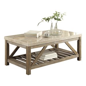 Table basse en bois blanc crème de style industriel, 1 pièce, avec support incliné, étagère inférieure et plateau en marbre pour salon - Product Image 2