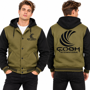 Chaqueta Varsity con Capucha para Hombre, Color Verde Oliva, Bloques de Color, Cierre de Botones a Presión, Estampado Trasero, Informal, para Otoño e Invierno - Product Image 1