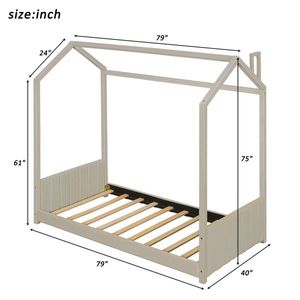Letto a capanna in velluto per bambini, misura singola, con finitura beige in legno naturale, per l'arredamento della cameretta - Product Image 3