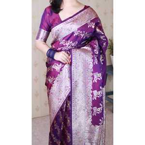 Sari de soirée en soie douce violette Elite Weaves Banarasi Jaal Meenakari Zari tissé 650g - Product Image 3