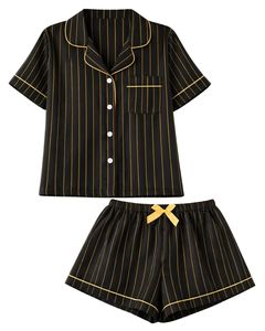 Ensemble pyjama femme rayé noir et or, manches courtes, boutonné, en satin, deux pièces, short de nuit, ensemble de vêtements de détente - Product Image 1